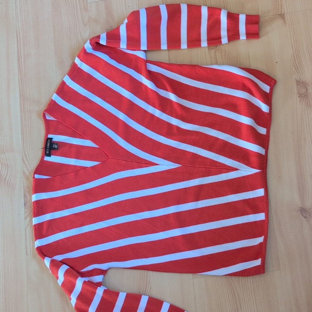 Last Call! Orange/Red and White V-Neck Sweater, Small